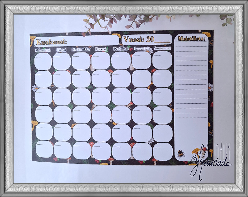 Kuukausikalenteri, Pyyhittävän magneettitaulu - Sienimetsä